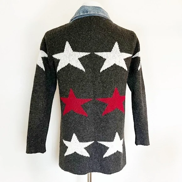 WOOL STAR PRINT CARDIGAN DENIM TRIM OPEN FRONT COLLARED SWEATER COAT GRAY Siz… - Picture 7 of 13